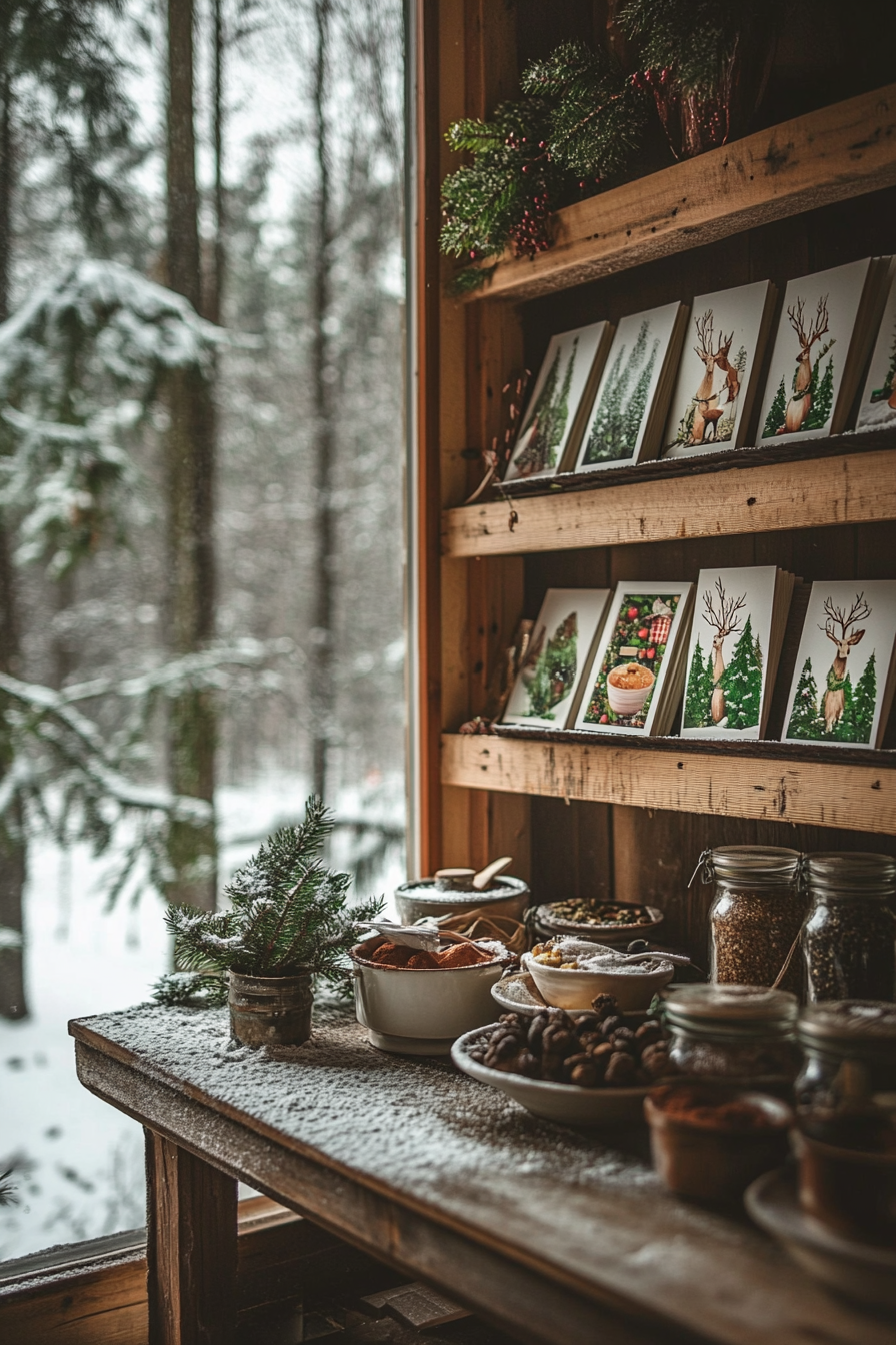 Wide angle holiday baking interior. Deer postcards on rustic spice rack overlooking pine-dappled snowy meadow.