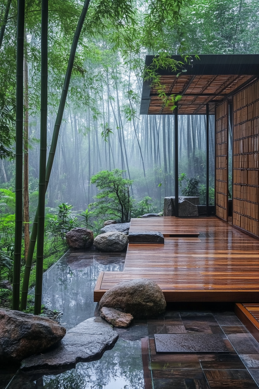 Wide-angle view of minimalist tiny house deck. Bamboo screens, rock garden, surrounded by misty bamboo forest.