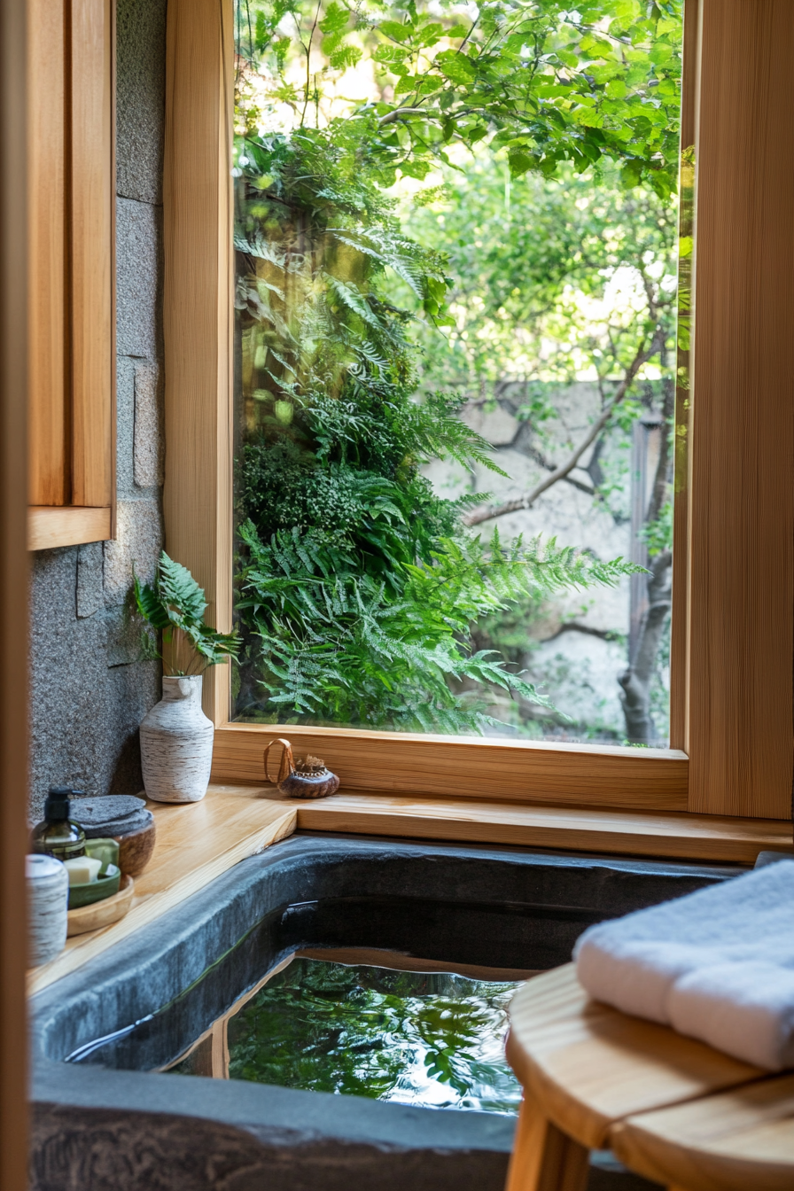 Tiny bathhouse. bamboo soaking tub, vertical fern garden, wooden meditation stool