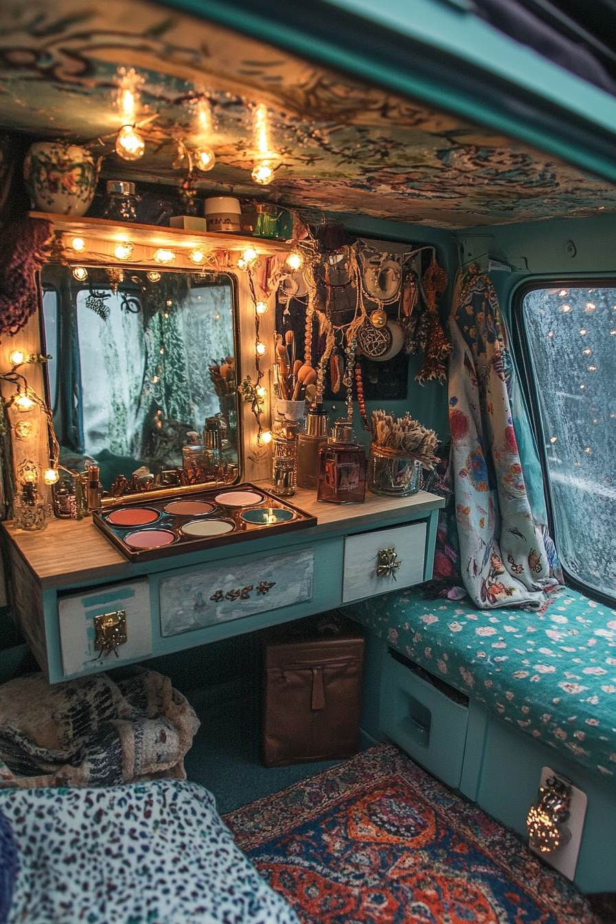 Bohemian van vanity area. Twinkle lights, vintage mirrored compact, nature-inspired makeup palette.