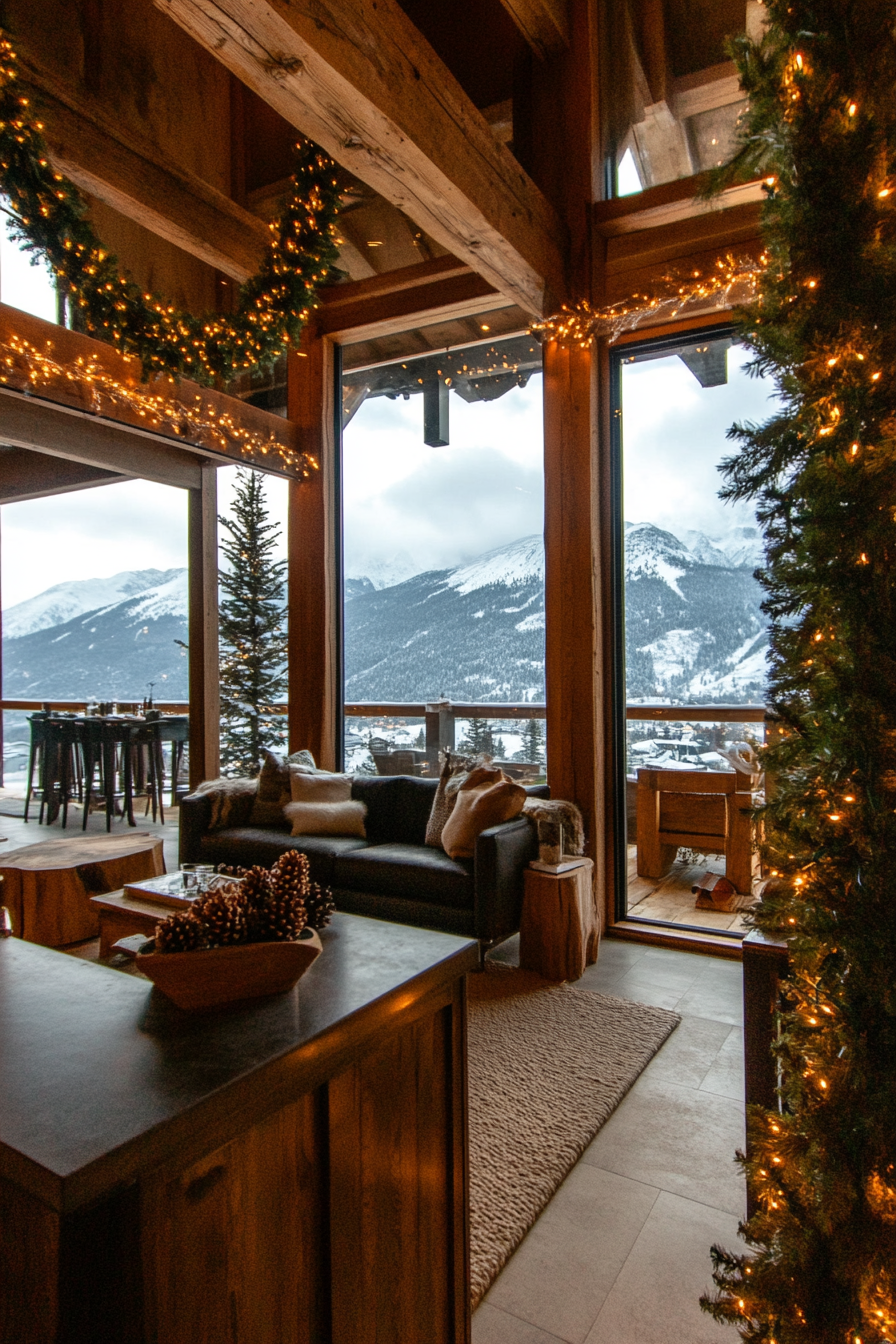 Wide angle view of farmhouse-style space. Pine garlands, wooden ornaments, overlooking snowy mountains.