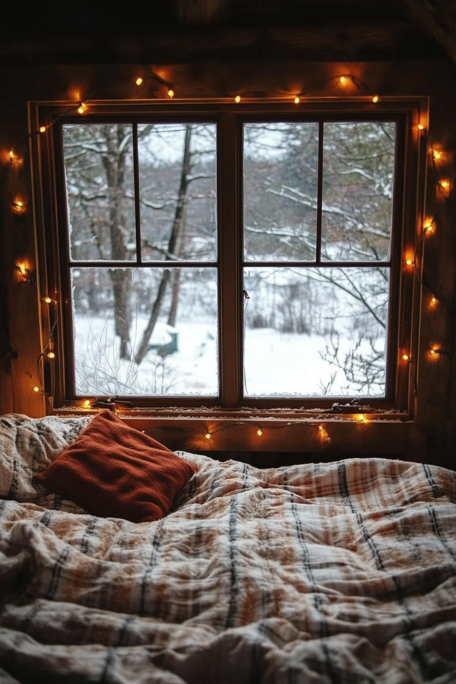 Wide angle view. Flannel bedding, string lights, frosty window pane revealing snow-covered landscape.