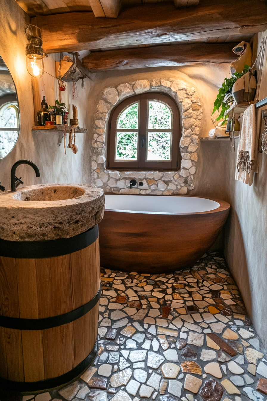 Natural tiny house bathroom. Wooden soaking tub with stone sink and mosaic floor.