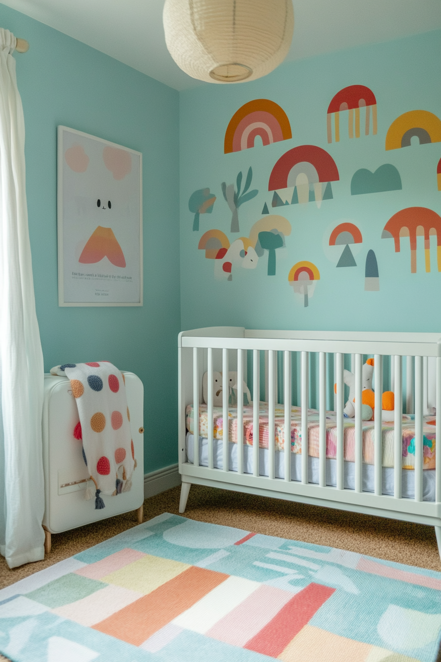 Wide angle view of baby space. Aqua wallpaper with rainbow-coloured geometric shapes.