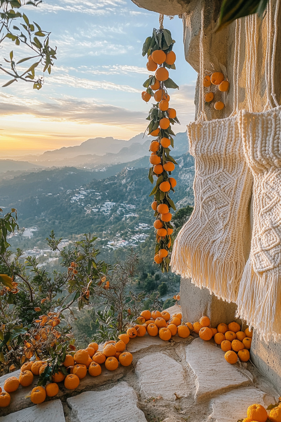 Wide-angle holiday space. Macramé stockings, dried orange garlands, mountain sunset view.