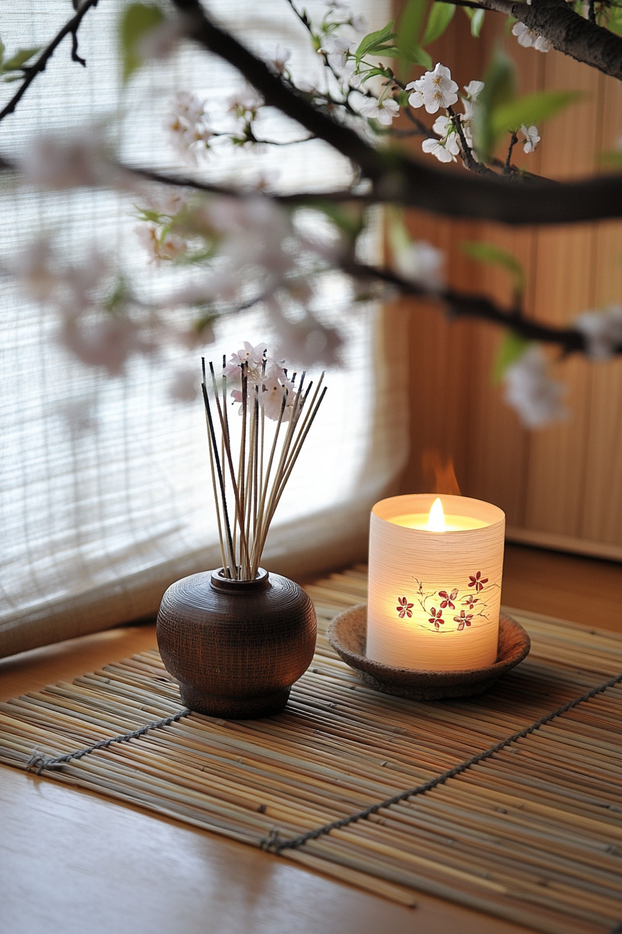 Zen-style van meditation room. Bamboo mat adorned with pillar candle and cherry blossom incense holder.