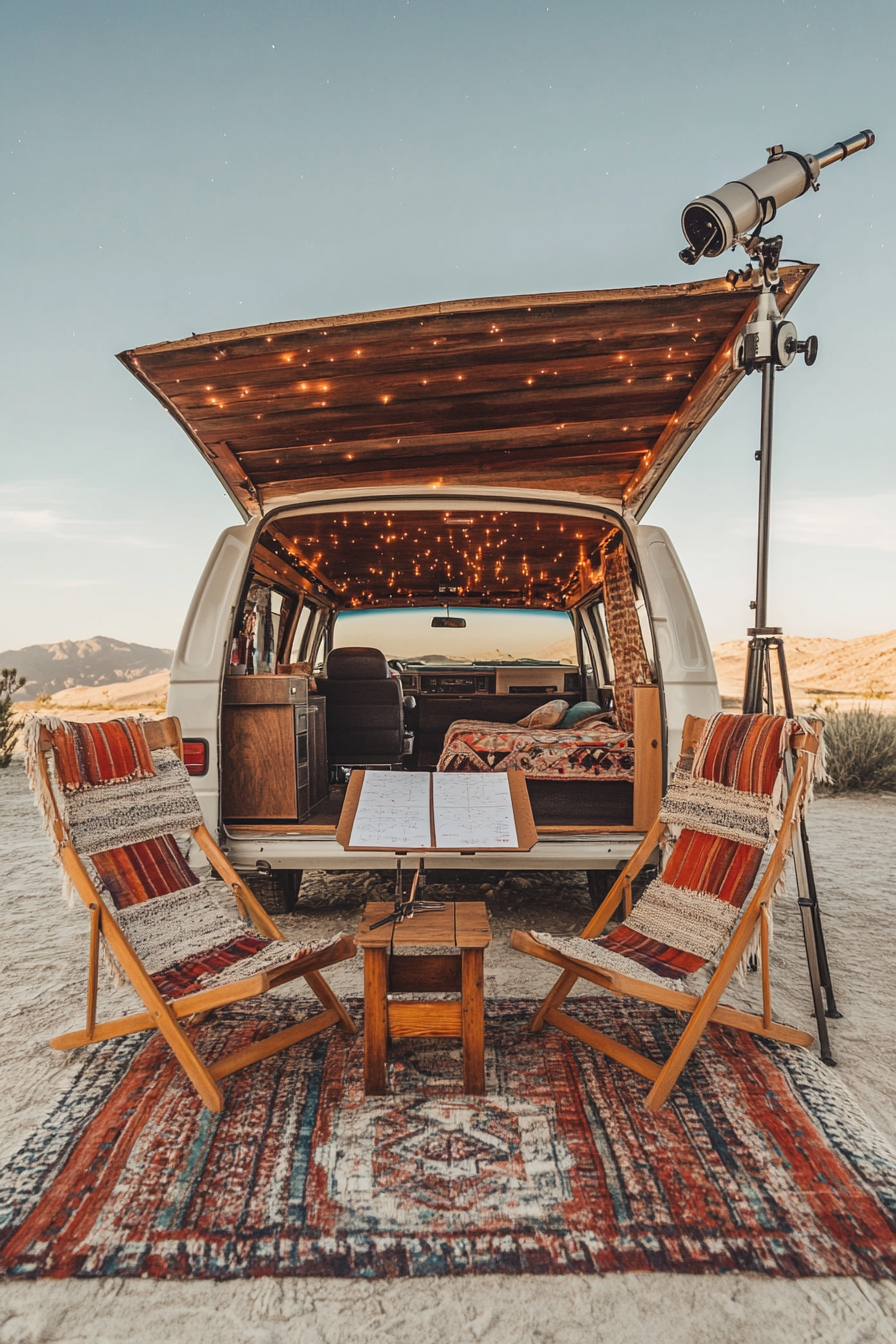 Van rooftop. Lounge chairs, star chart table, desert background, telescope mount.