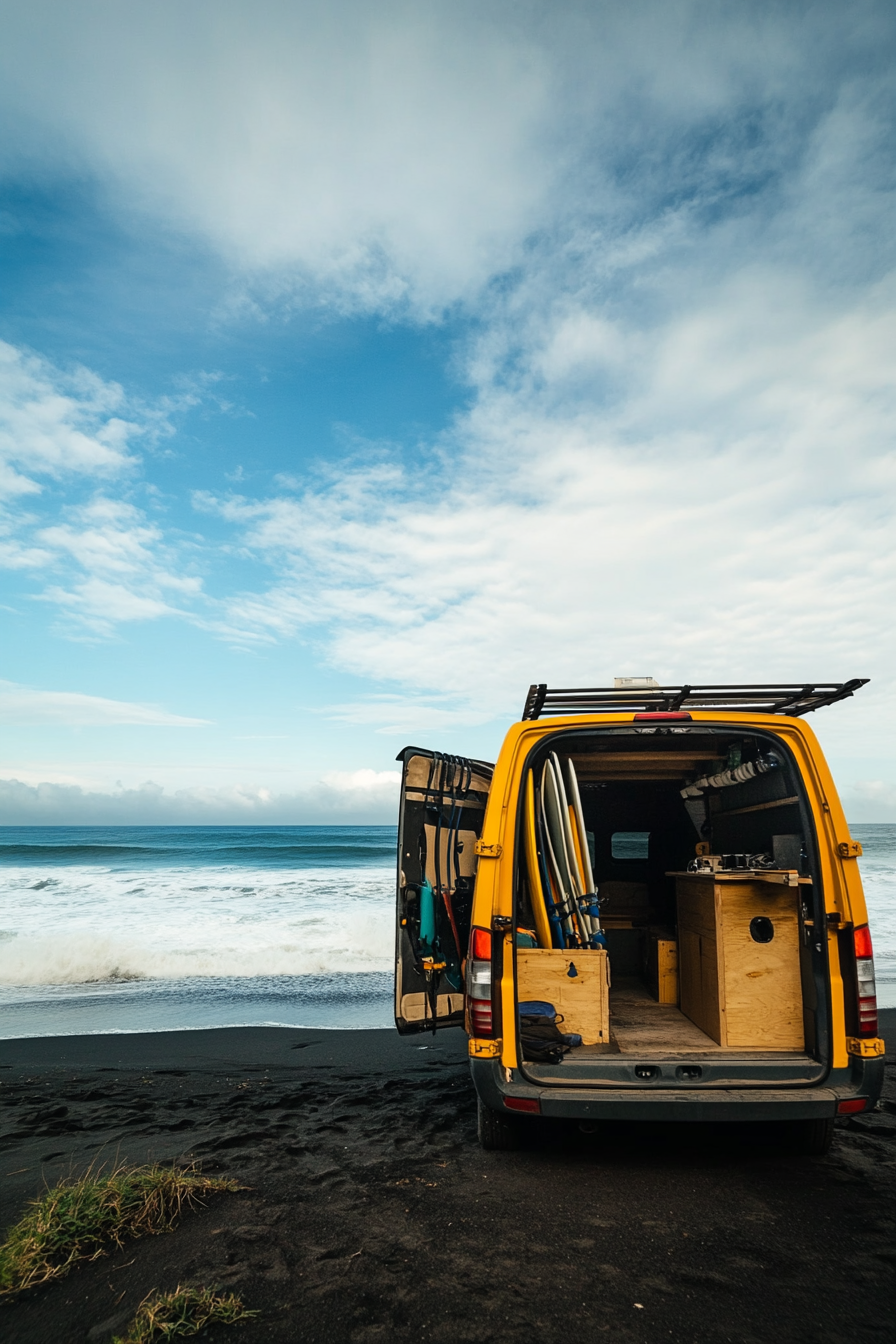 Wide angle of beachy van. Surfboard racks, outdoor shower, on black sand beach with waves.