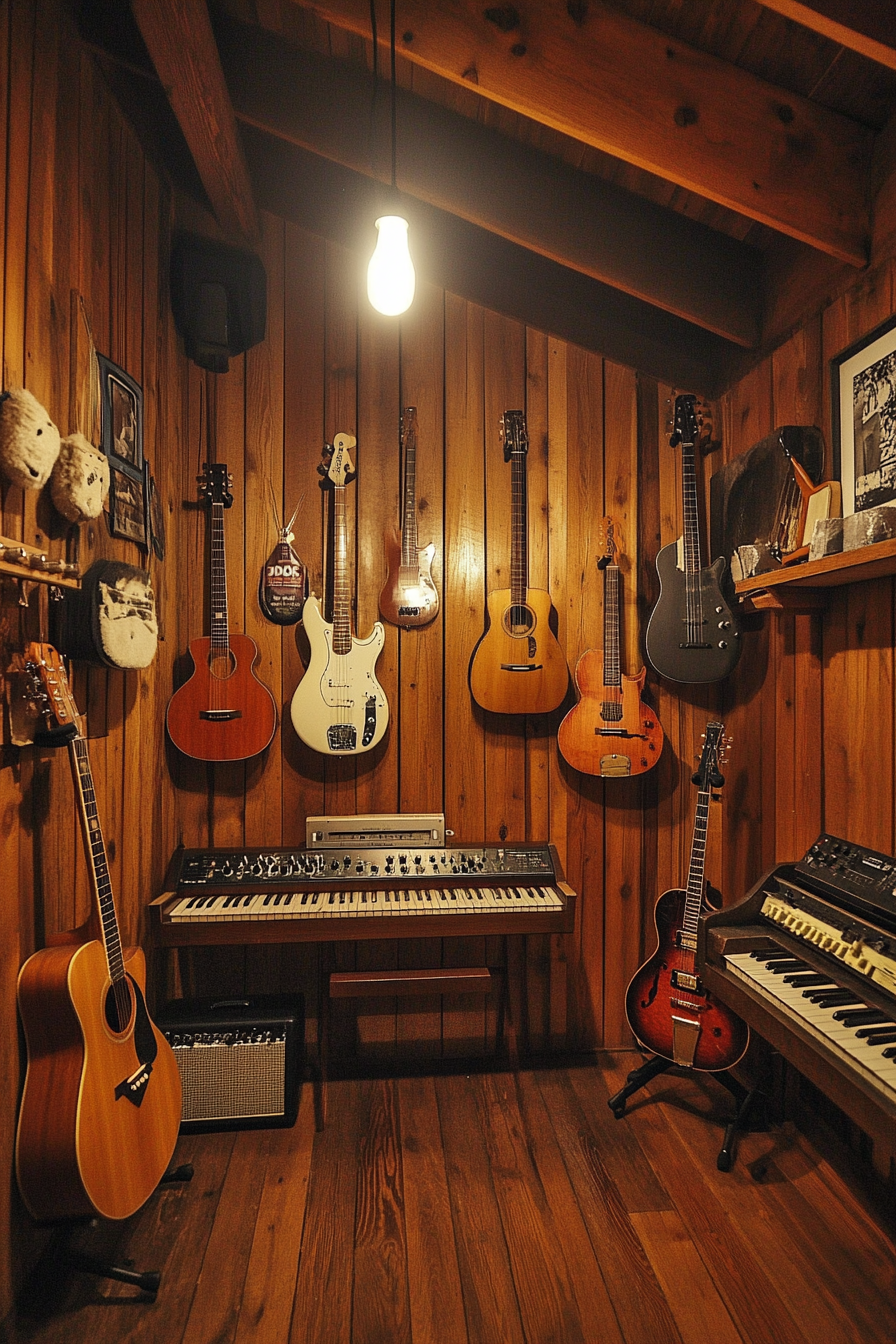 Tiny music room. Wood-paneled walls, hanging guitars, corner-mounted keyboard, sound-proof insulation.