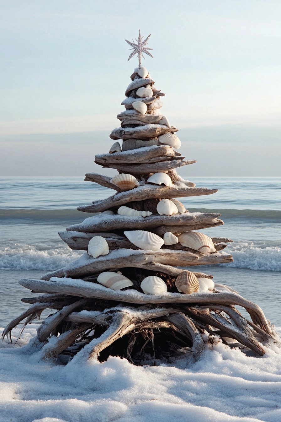 Holiday decor. Driftwood tree with shell ornaments, facing icy blue winter beach waves.