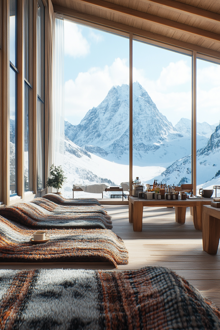 Wide angle ski lodge interior. Wool blankets, hot cocoa station, view of snow-capped peaks.