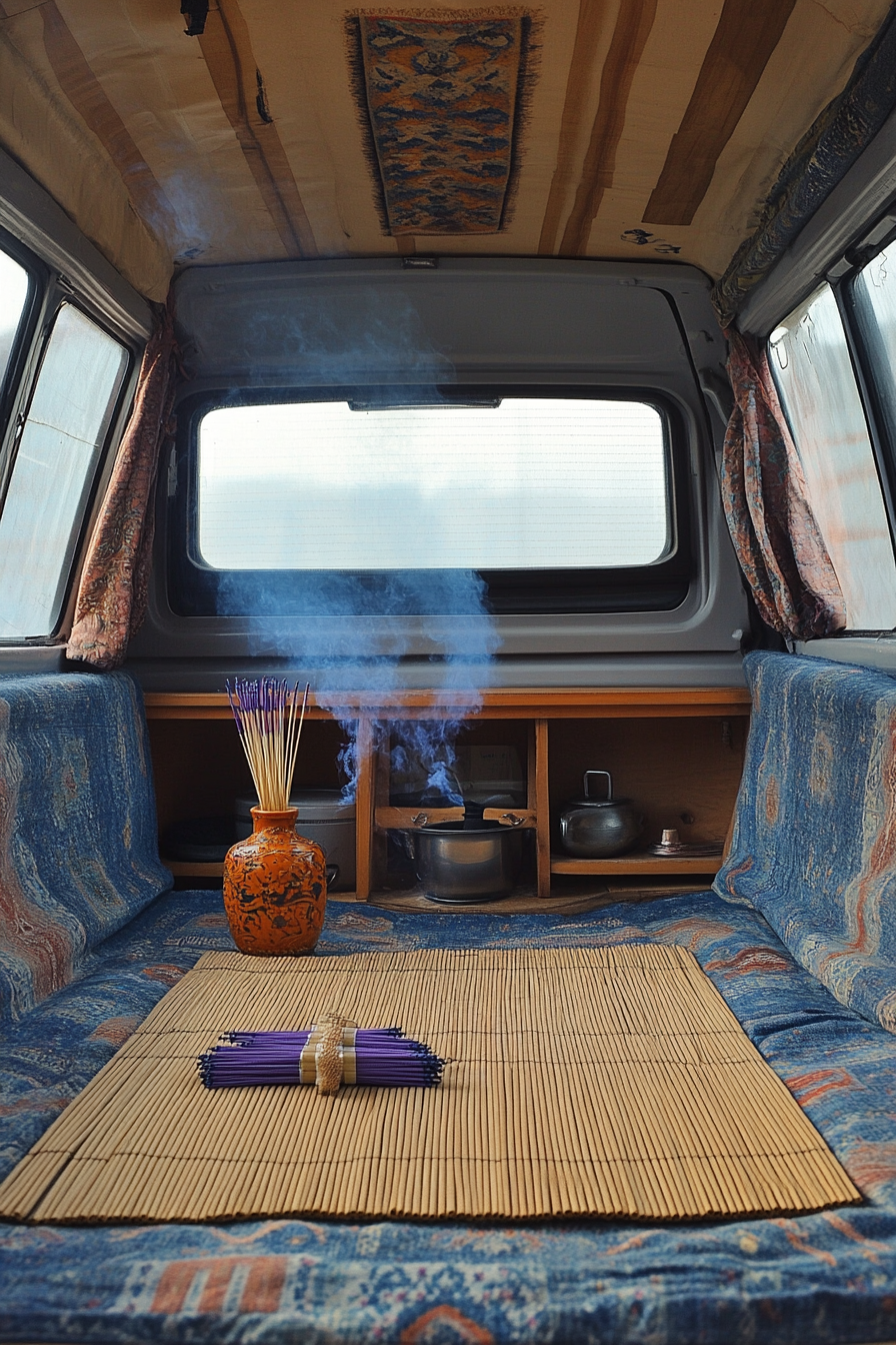 Meditation Room. Van inside with bamboo mat and lavender incense holder.