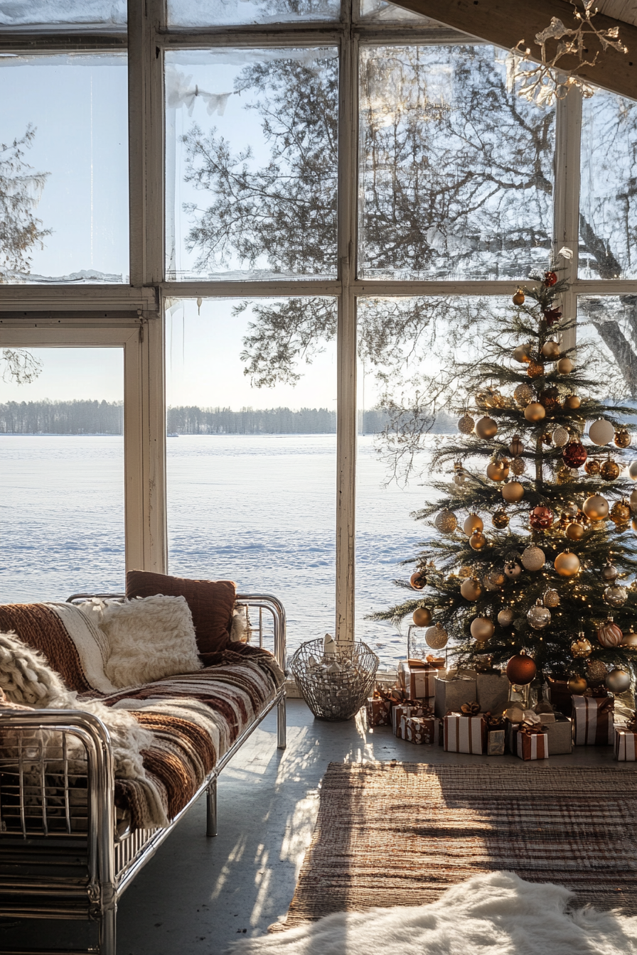 Wide angle view. Retro-styled holiday interior, classic ornaments, aluminum tree near frozen lake.