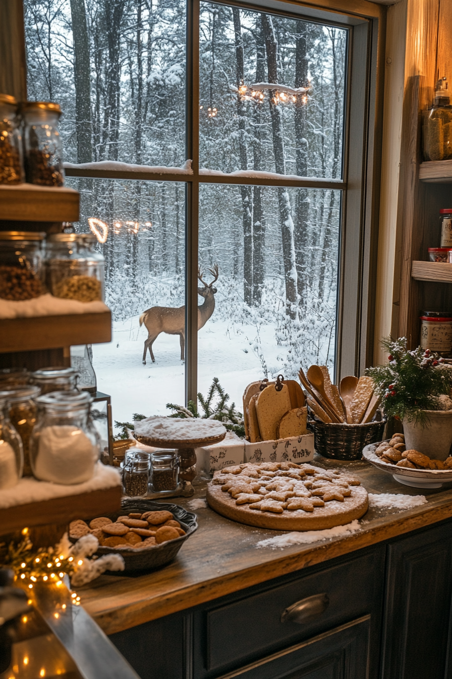 Wide angle holiday baking scene. Deer in snow through window, cookie station, spice rack.