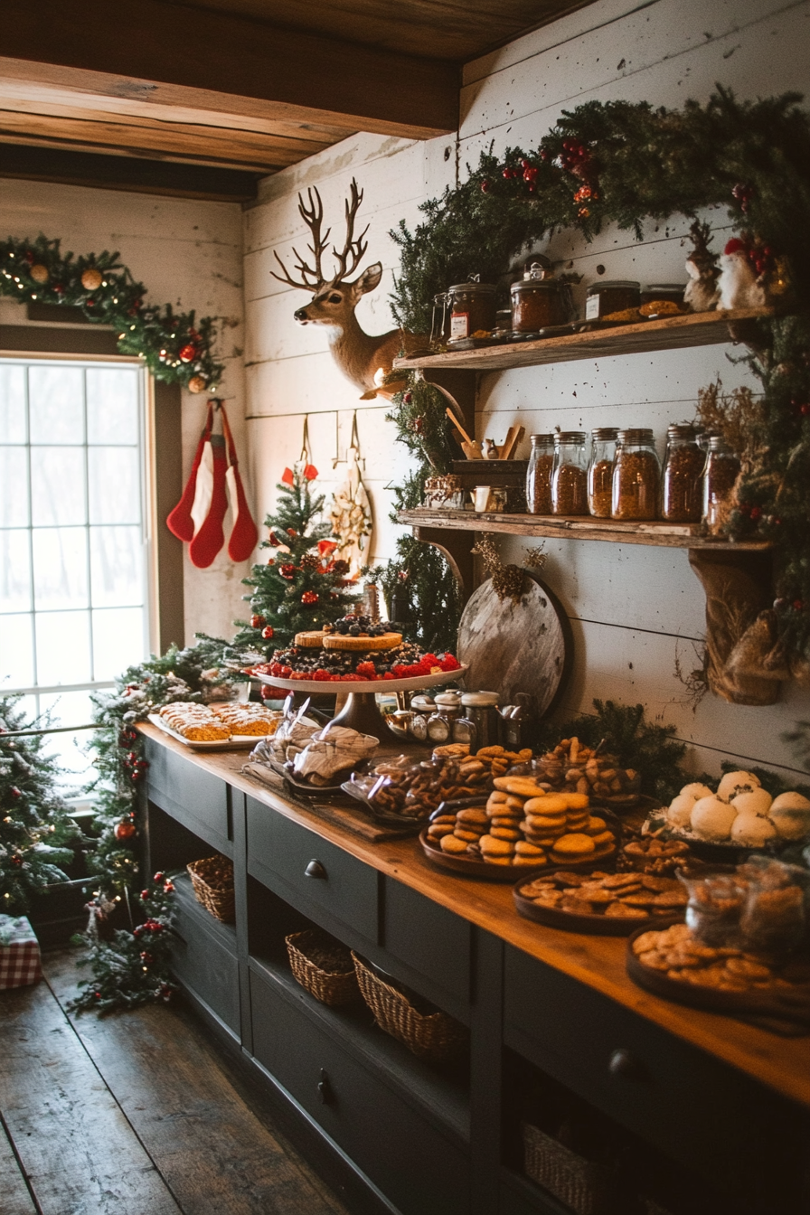 Wide angle holiday baking environment. Cookie station, spice storage, deer in snowy meadow.