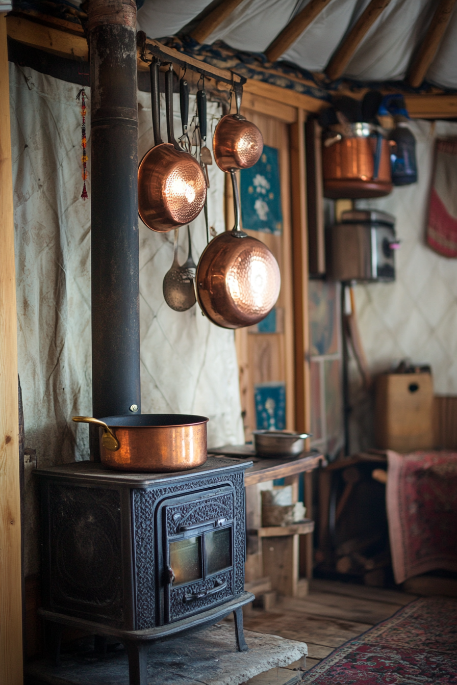 Alpine-style yurt kitchen. Copper pots hanging next to an old-fashioned wood stove.