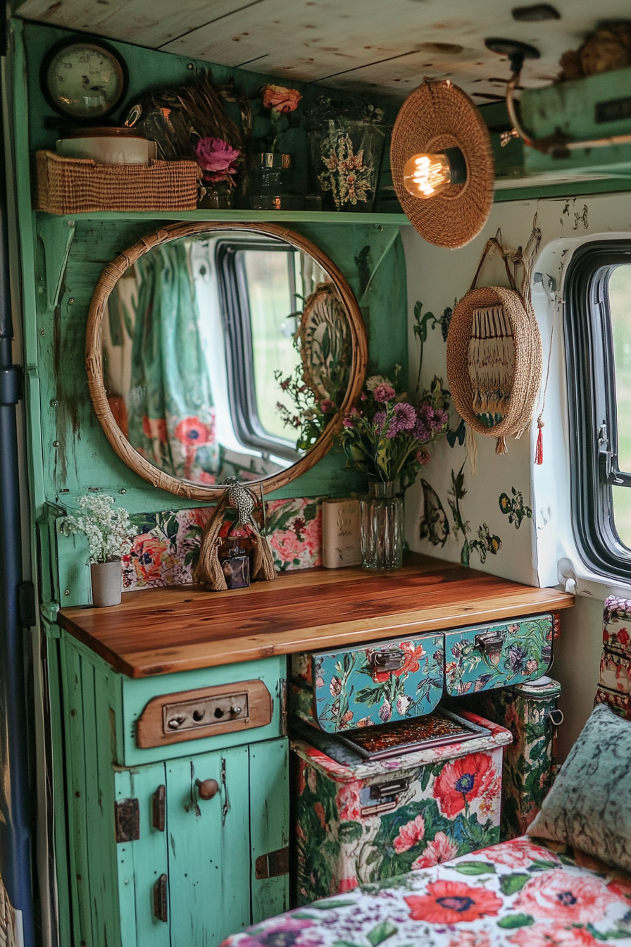 Bohemian van vanity. Distressed wooden countertop, floral pattern storage boxes, rattan ring light, vintage folding mirror.