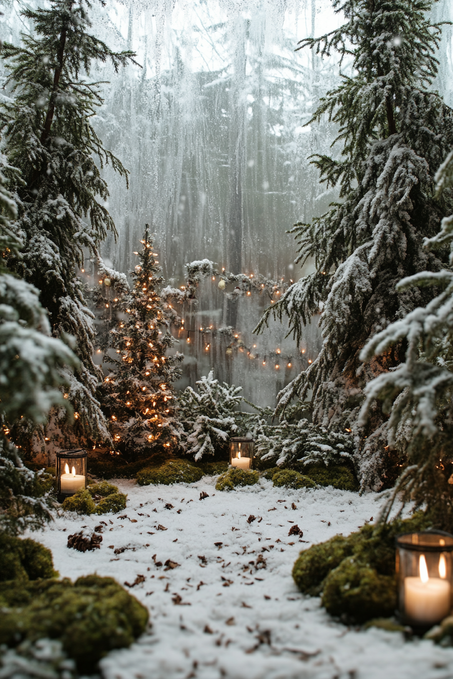 Wide angle holiday space. Woodland decorations, moss details, snowy pines backdrop.