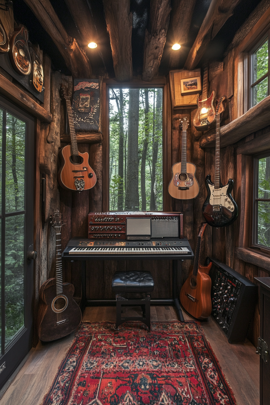 Tiny music room. Soundproofed woodland-theme with keyboard mount and guitar wall.