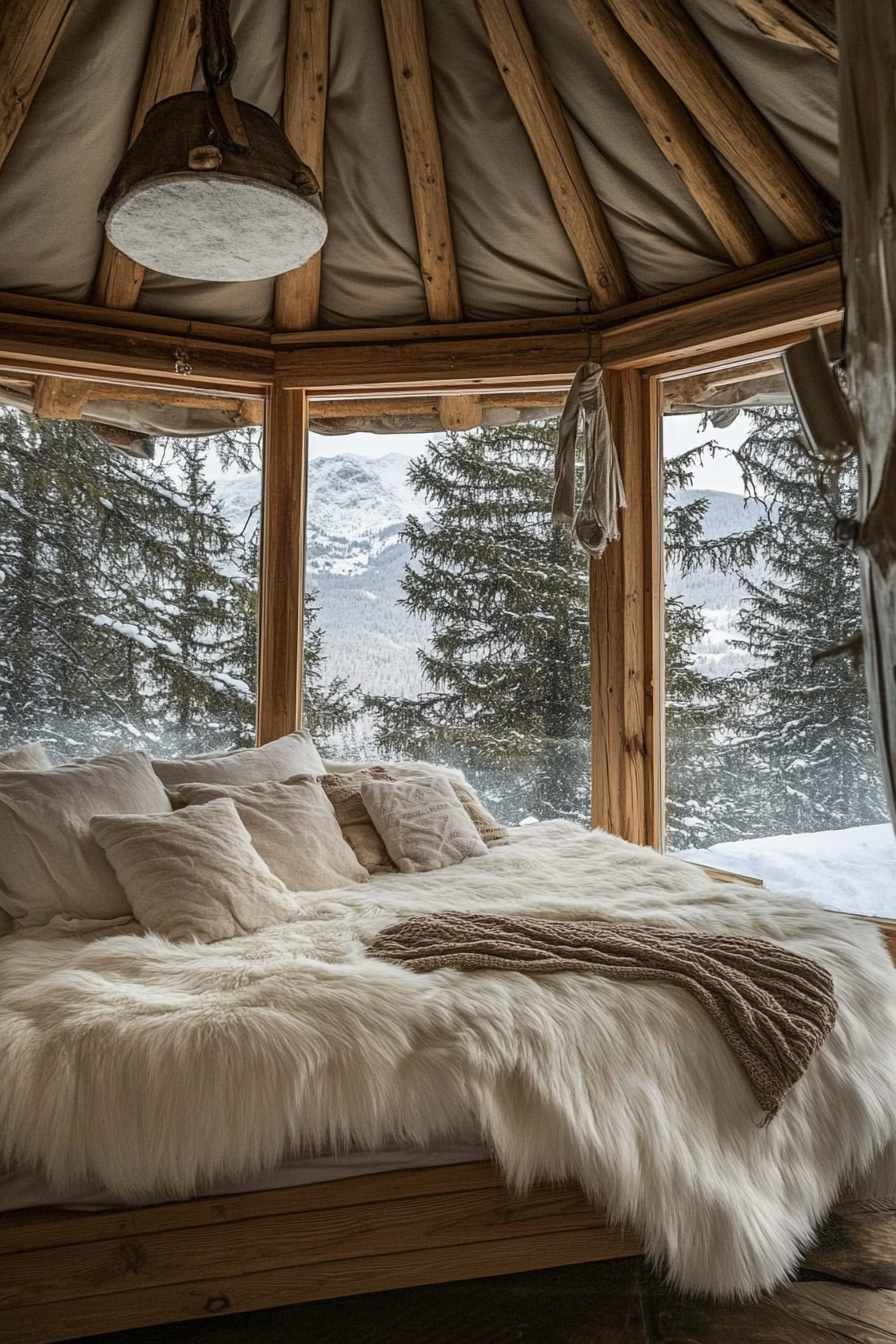 Alpine-view yurt bedroom. Unfinished wood rustic bed against panoramic windows with white fur throws.