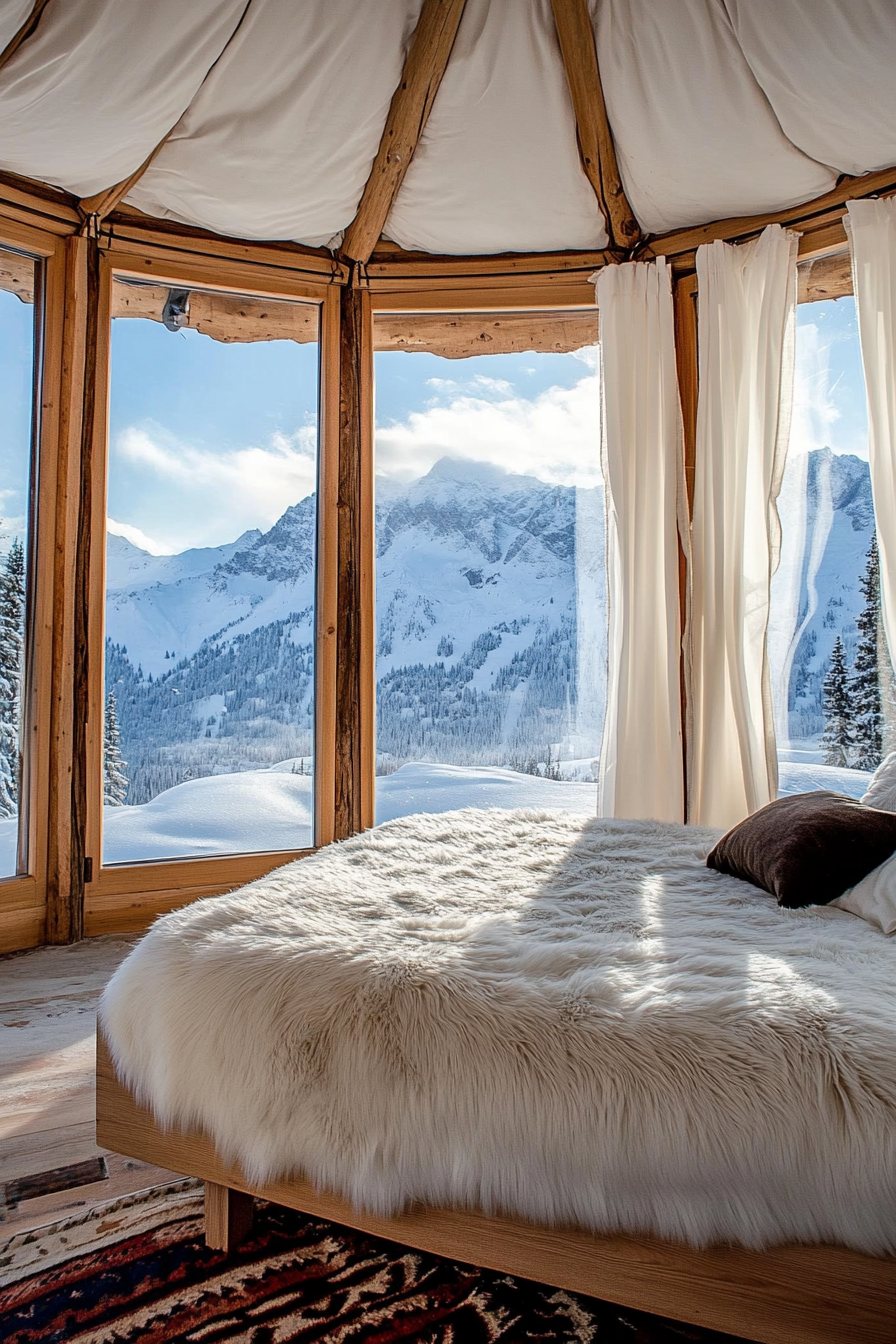 Alpine-view yurt bedroom. Rustic wood bed, white fur throws, panoramic glass windows with snowy mountainscape.