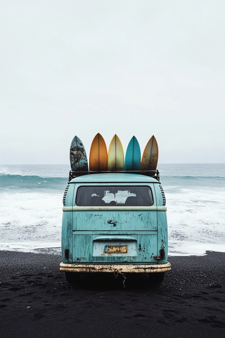 Wide angle view. Van with surfboard racks on black sand beach, smooth, turquoise waves behind.