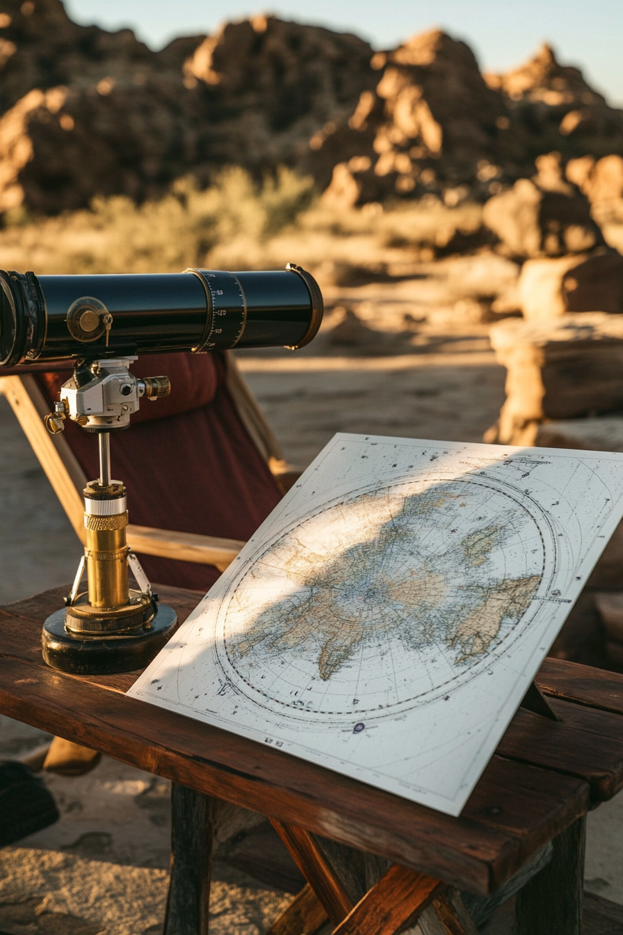 Desert view. Van rooftop. Nebula-themed telescope mount. Crimson lounger. Star map on mahogany table.