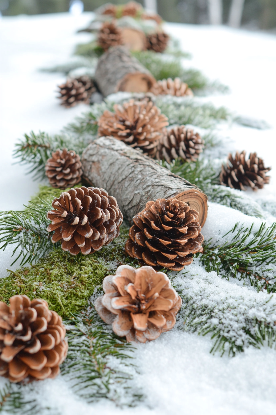 Wide angle holiday scene. Cedar-wood accents, moss details, scattered pine cones, laced with fresh snow.