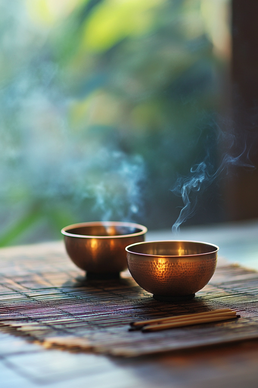 Van Meditation Room. Zen style with copper singing bowls, incense holder on bamboo mat.