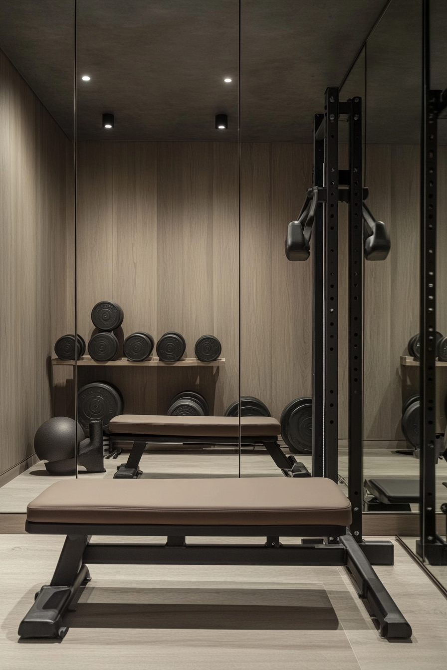 Contemporary tiny gym. Mirrored wall, dumbbell rack, mat storage, minimalist workspace.