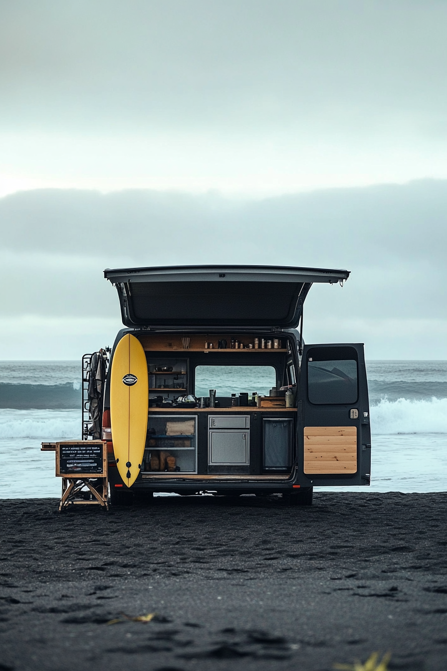 Beach van setup on black sand. Surfboard racks and outdoor shower, with perfect waves visible.