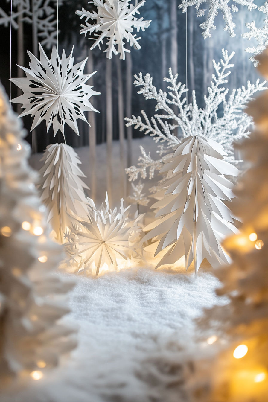 Modern Christmas décor. Wide angle view, paper snowflakes, frost-covered valley, white fairy lights.