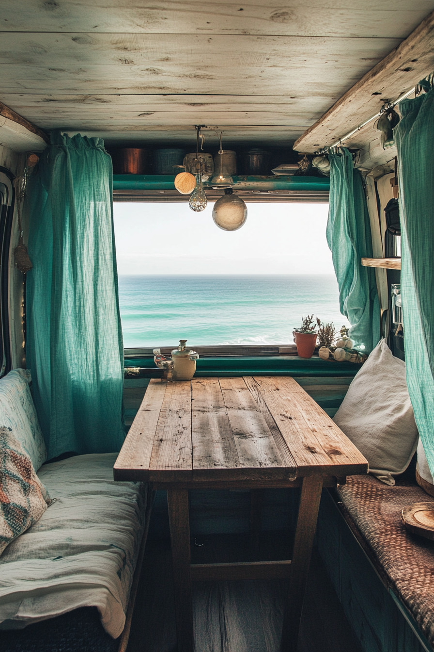 Van dining area. A wooden fold-out table under turquoise ocean window curtains.