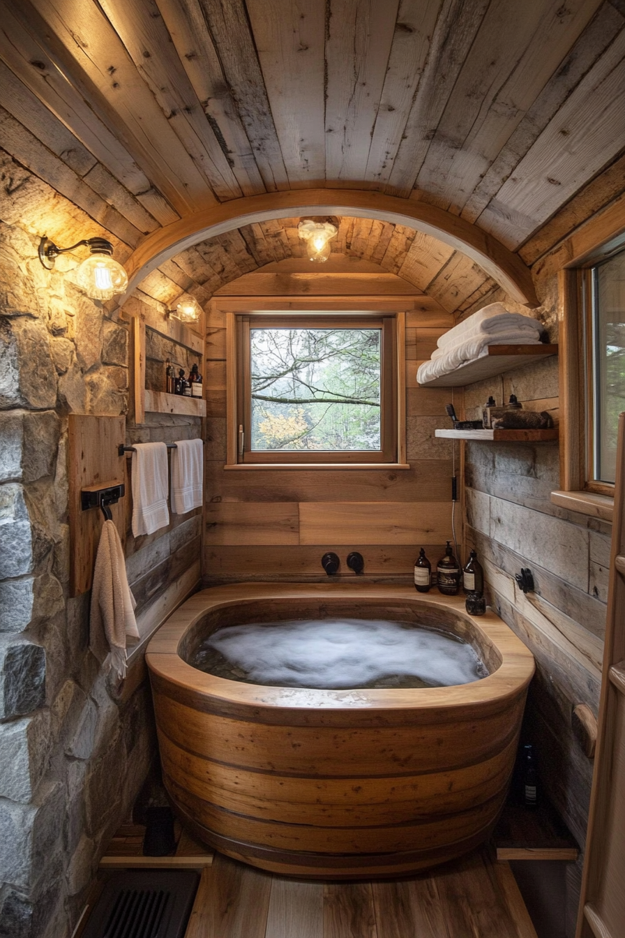 Natural tiny house bathroom. Wide angle, wooden soaking tub, stone accents.