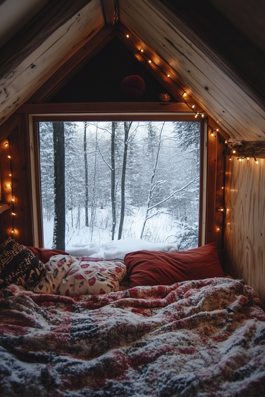 Wide angle view. Flannel bedding, string lights on a sleeping nook with a snowy landscape outside.