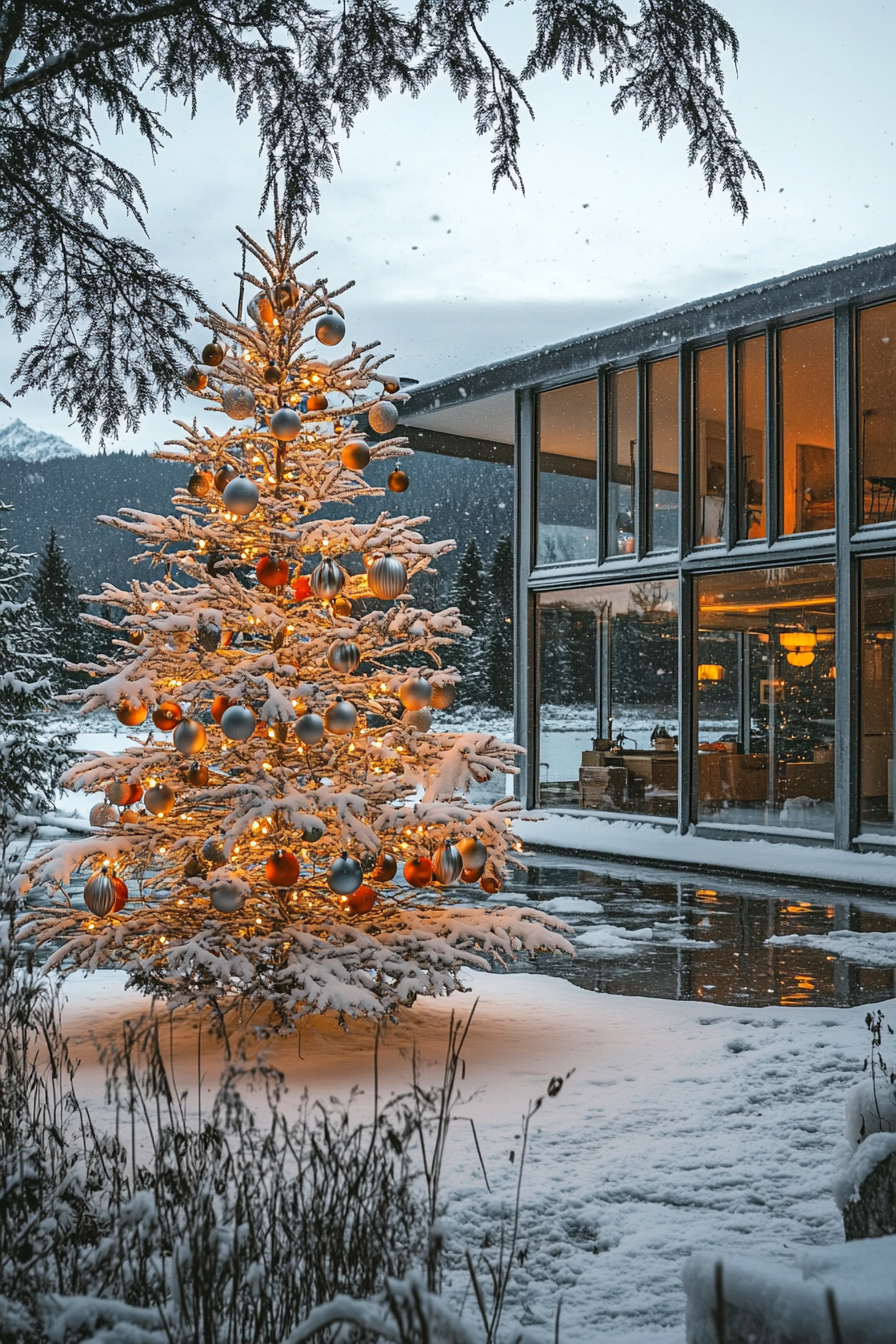 Wide-angle interior view. Aluminum Christmas tree near frozen lake with classic retro ornaments.