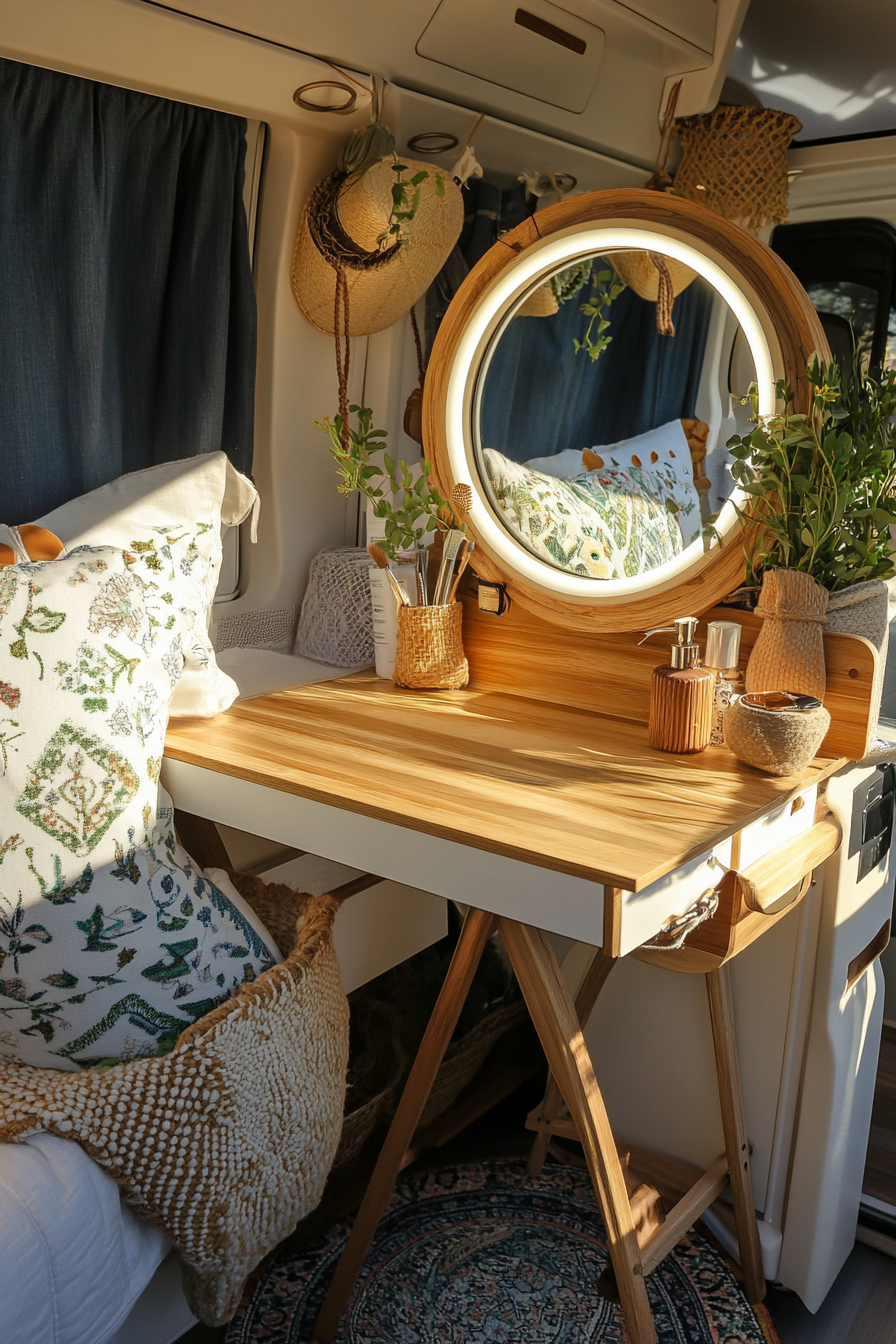 Bohemian van vanity area. Pillowcase storage bag, wood ring light, adjustable stand mirror.