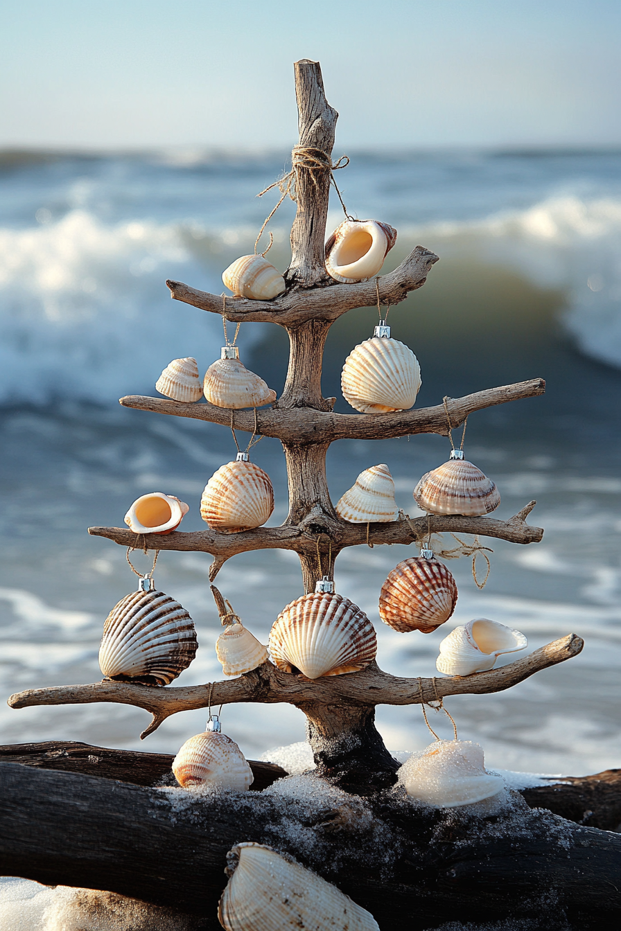 Holiday decor. Shell ornaments on driftwood tree against winter beach waves.