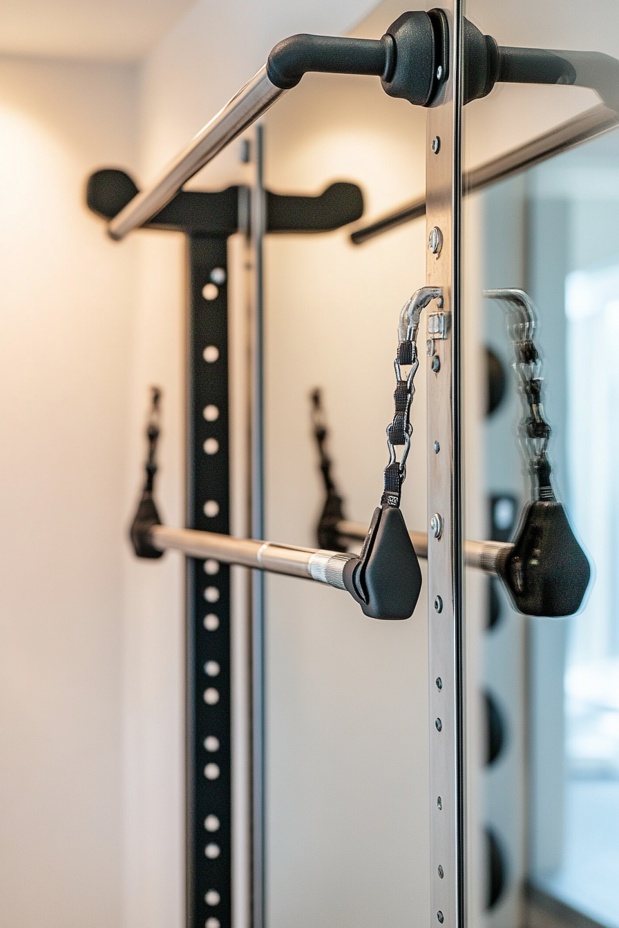 Contemporary Tiny Gym. Wall-mounted pull-up bar, mirrored wall, steel equipment rack.