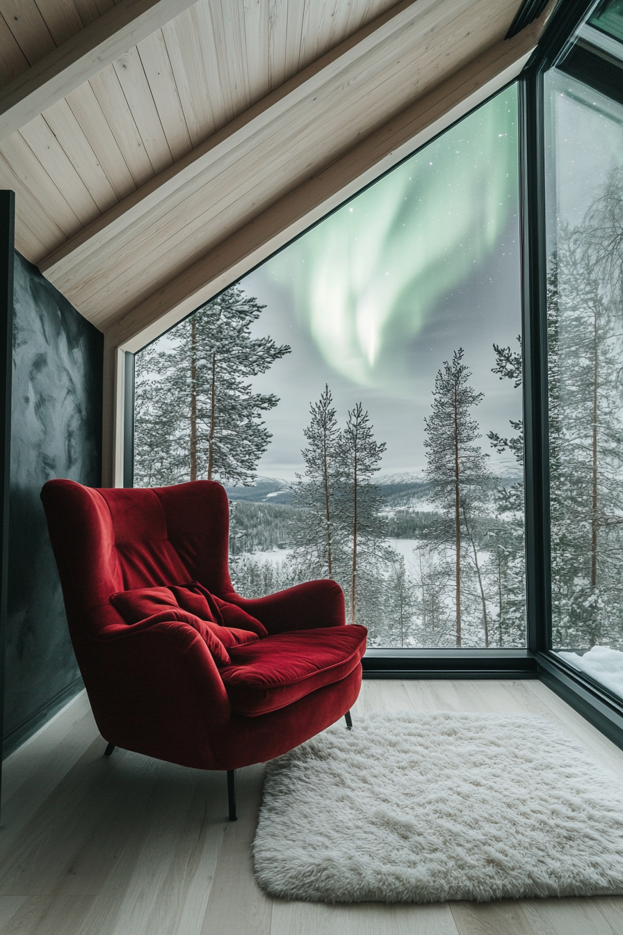 Scandinavian-inspired space. Red velvet armchair, white rug, view of Northern Lights through skylight.