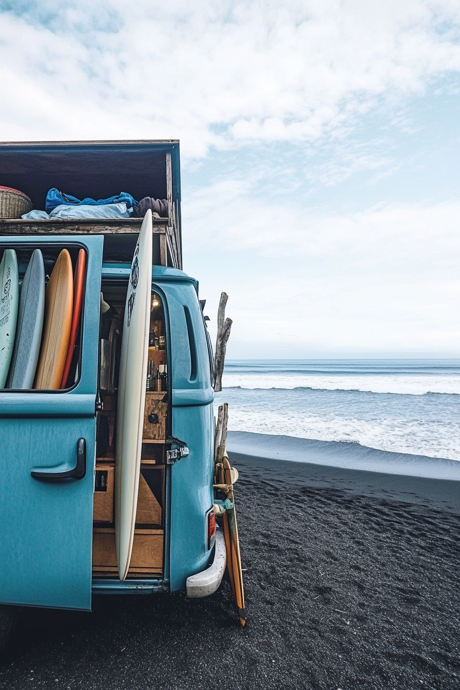 Wide-angle view. Blue van, surfboard racks, outdoor shower, black sand beach, perfect waves.