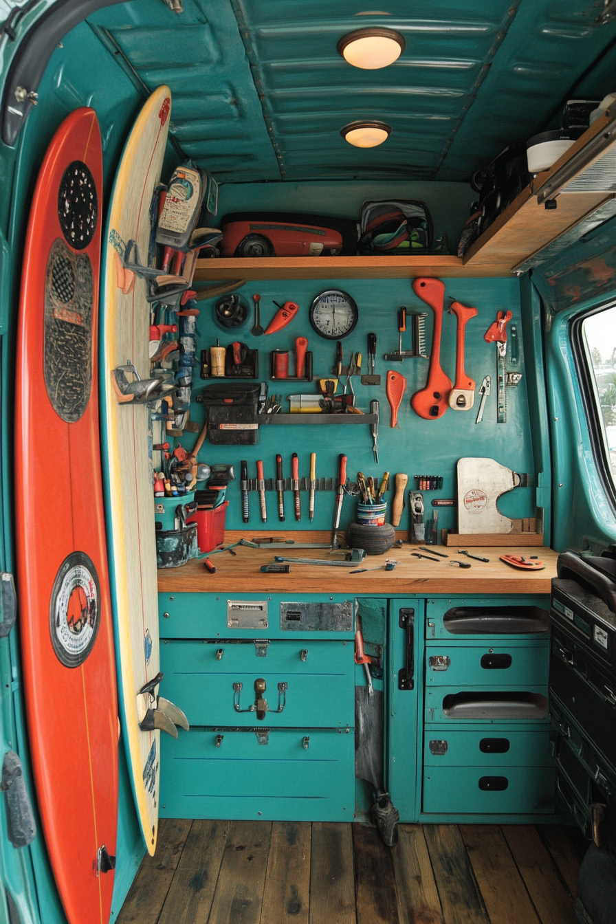 Van workshop. Teal surfboard repair station with crimson tool wall and turquoise wax station.