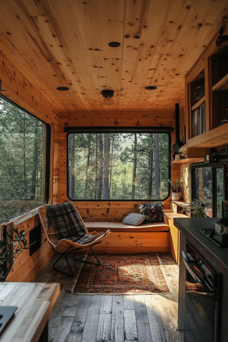 Van Lounge. Pine paneling, camper accent chair, expansive forest view window.