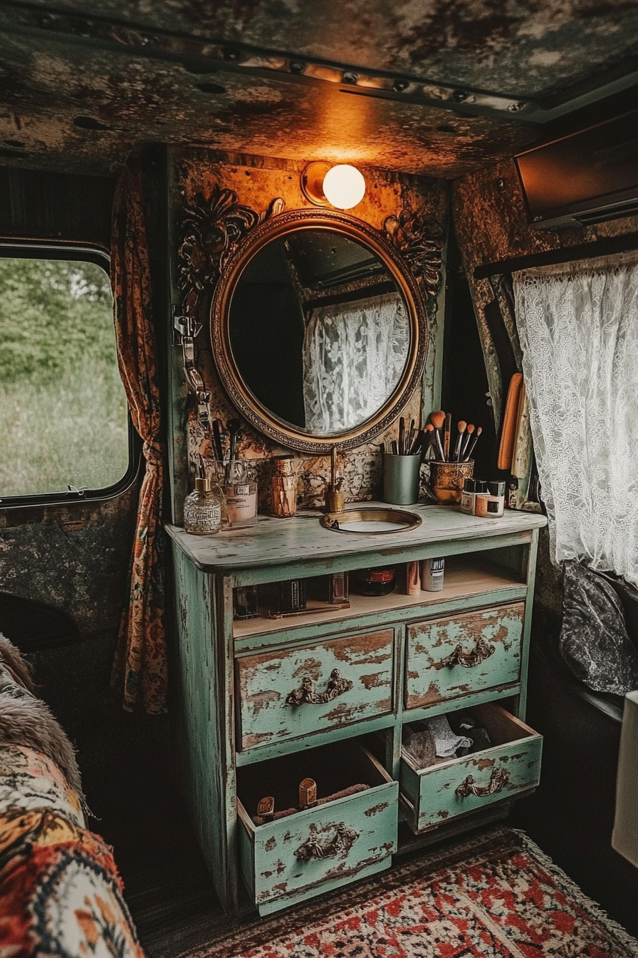 Bohemian van vanity area. Ring light over ornate vintage mirror with weathered makeup drawers below.