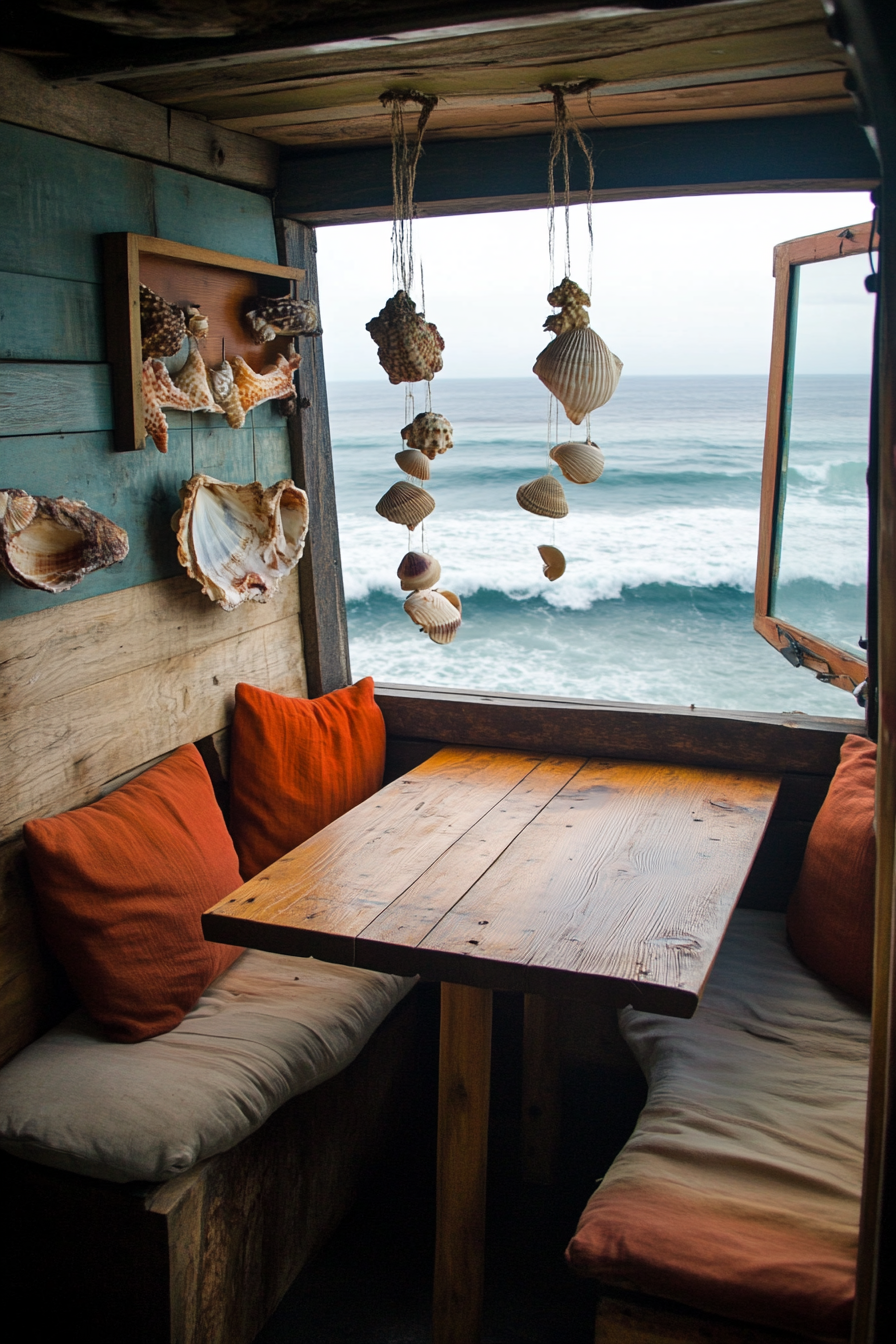 Van dining area. Wooden fold-out table, ocean view seats, dangling seashell decor.