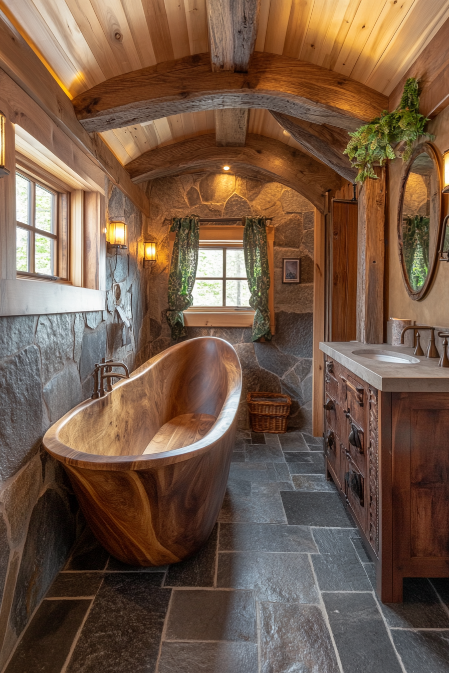 Natural tiny house bathroom. Wooden soaking tub, wide angle view, stone elements incorporated.