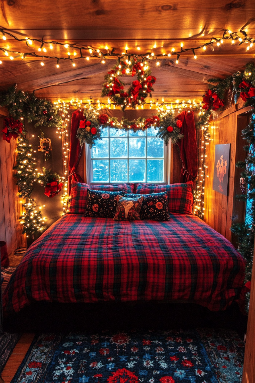 Wide angle view. Flannel bedding, string lights, festive sleeping nook, winter wonderland overlooked window.