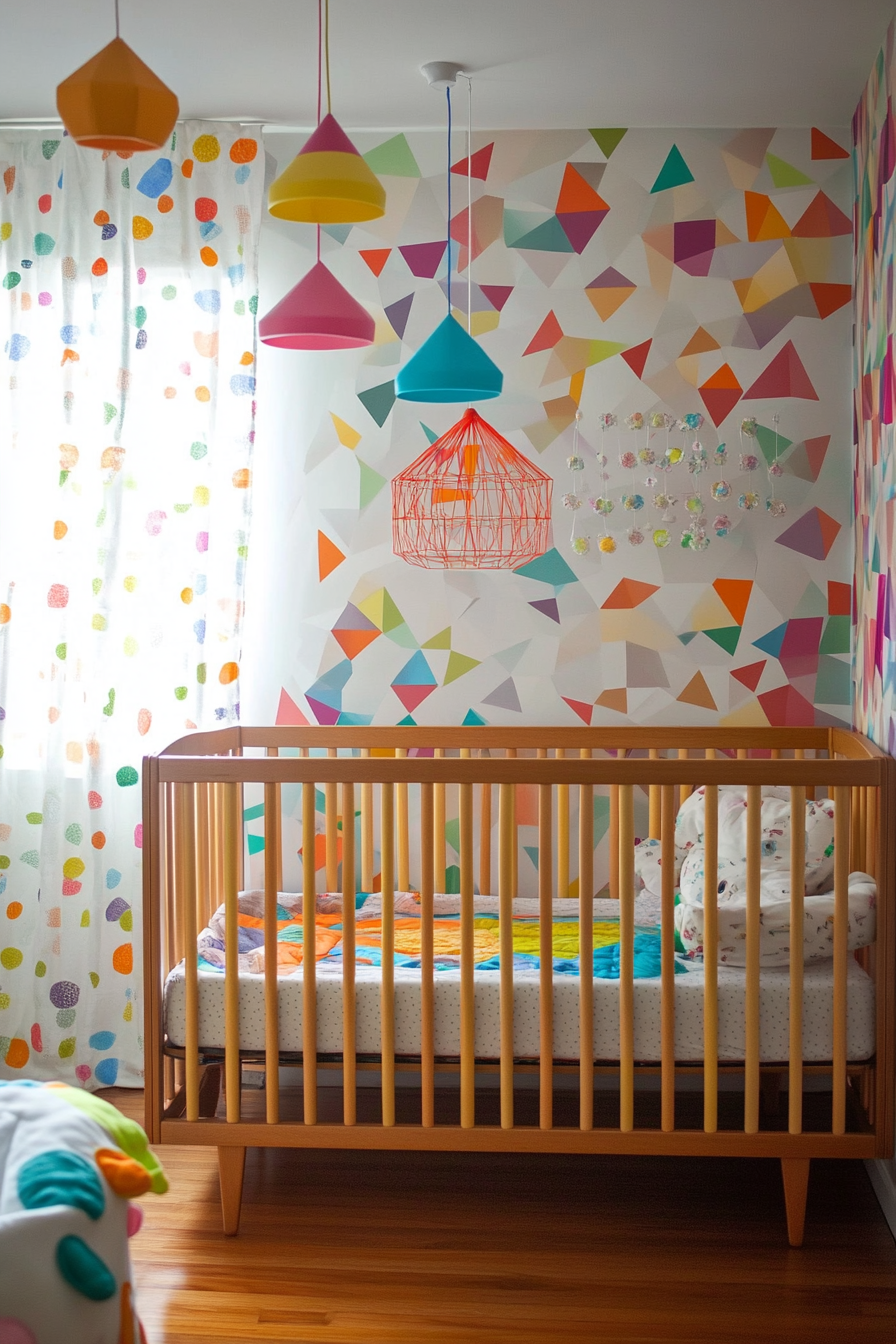 Cheerful baby space. Wide angle view, multicolored geometric decals, primary-colored mobile.