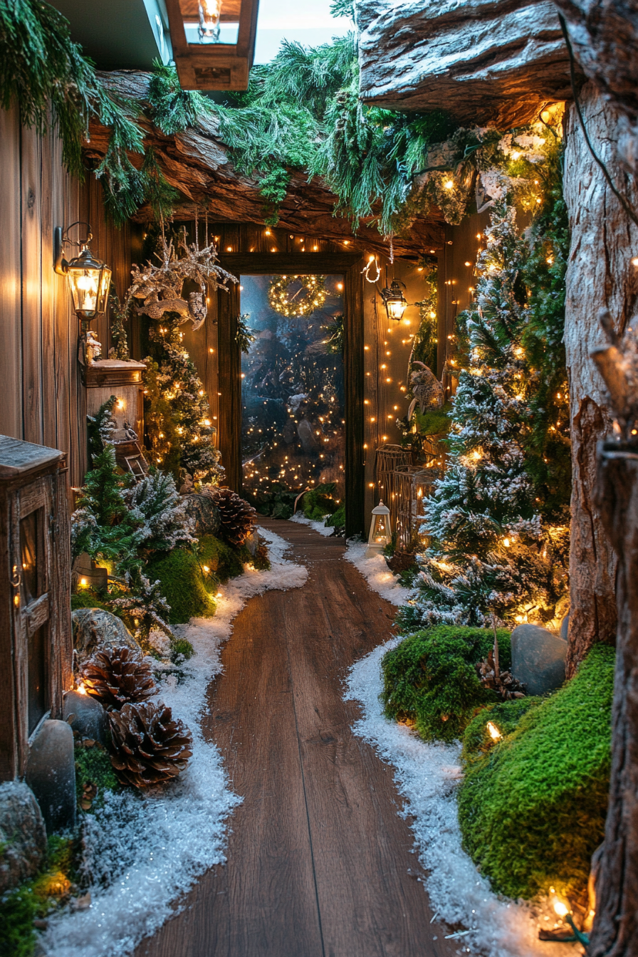 Wide-angle view. Whimsical holiday space with fairy-lit snowy pines and mossy woodland decorations.