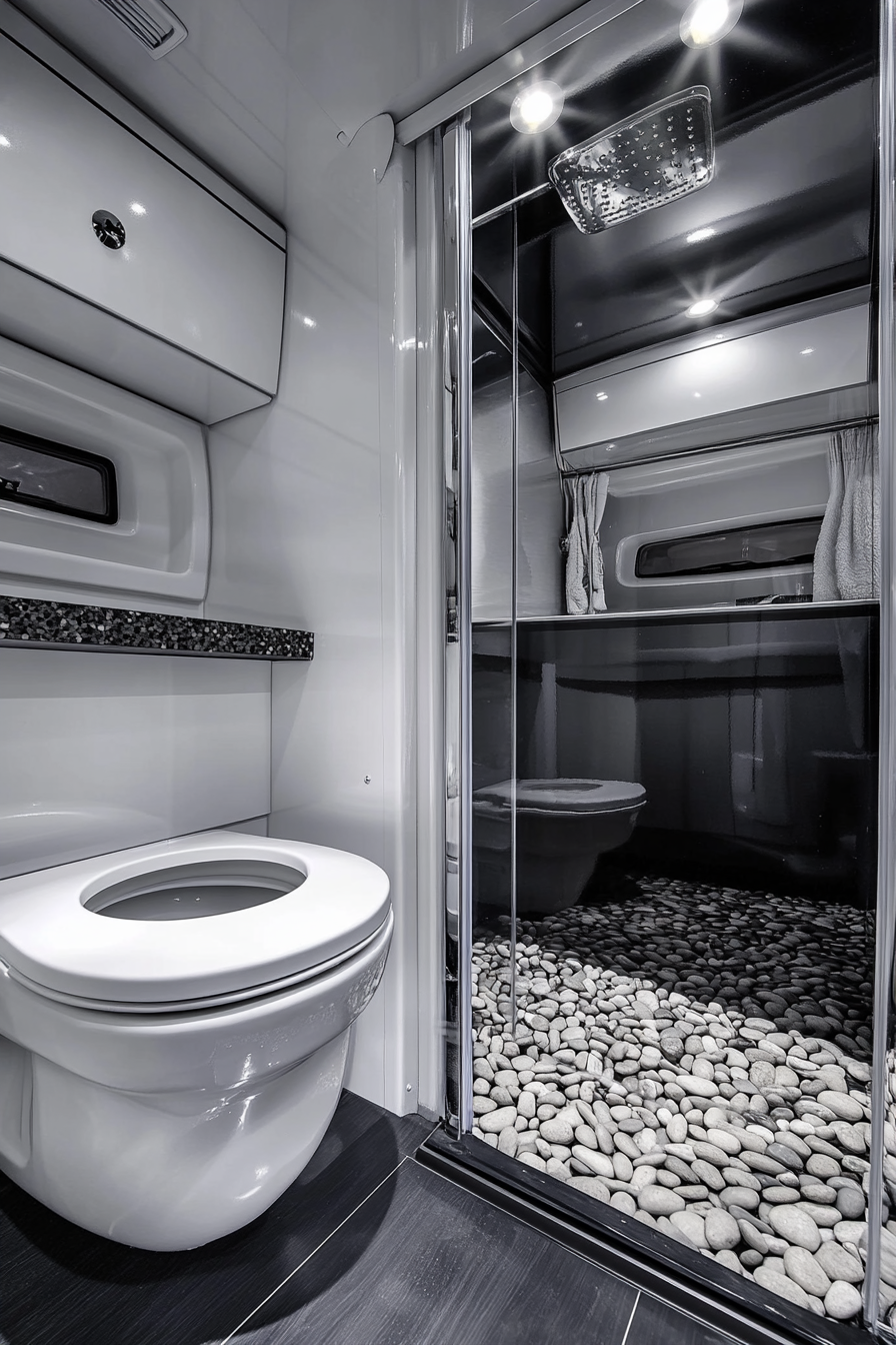 Contemporary camper bathroom. Smart toilet against backsplash, rainfall shower over pebble floor.